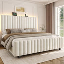 [Pre-order] 50" Tall Queen Bed Frame with Adjustable Headboard, Upholstered Platform Bed Frame Queen Size with Charging Station & LED Lights, Modern Luxury Velvet Tufted Bed, No Box Spring Needed, Beige