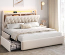 [Pre-order] Queen LED Velvet Bed Frame with 2 Storage Drawers&Hidden Headboard, Upholstered Platform Bed with Charging Station&Button Tufted Design, Wooden Slats Support, Box Spring Optional, Easy Assembly, Beige