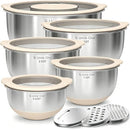 [Pre-order] Mixing Bowles Set with Lids Set - Warp-Proof TPR-AS Lids, Stainless Steel Mixing Bowl with 3 Graters & Measuring Lines, Non-Slip Bowls for Baking, Prep, Airtight Food Storage (Khaki 5/3/2/1.5/0.63QT)