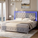 [Pre-order] Jocisland Full Bed Frame LED Lights Headboard, Velvet Upholstered, Grey