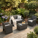 Set of 4 Outdoor Rattan Furniture, Including a Patio Sofa with a Thick Glass Coffee Table