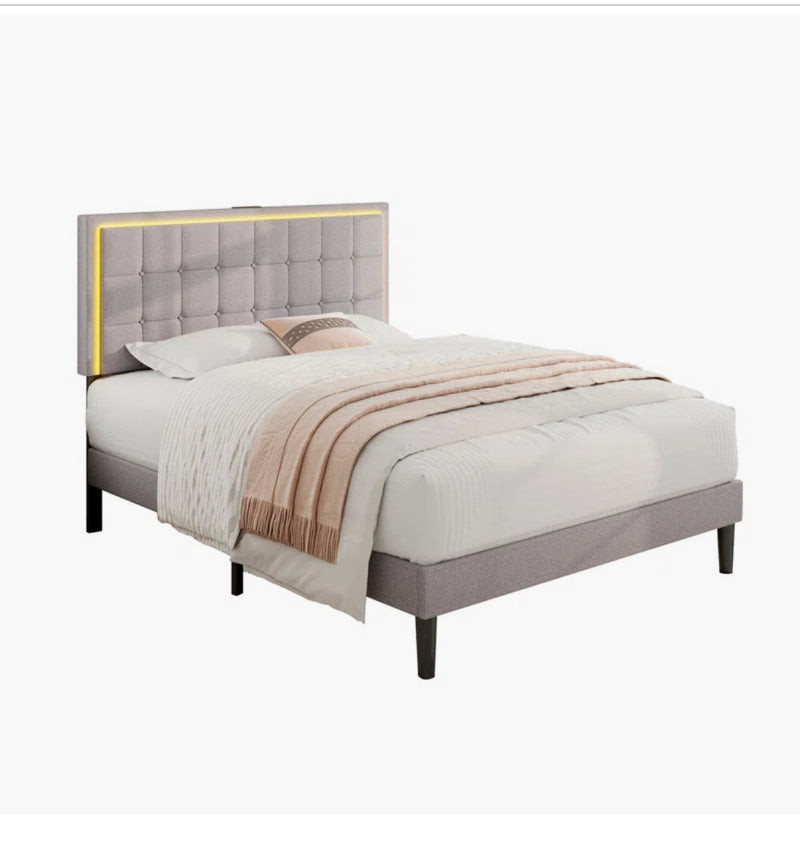 [Pre-order] Queen Size Button Tufted Platform Bed Frame with LED Lights, Upholstered Bed Frame with Charging Station, Wood Slat Support, Mattress Foundation, White