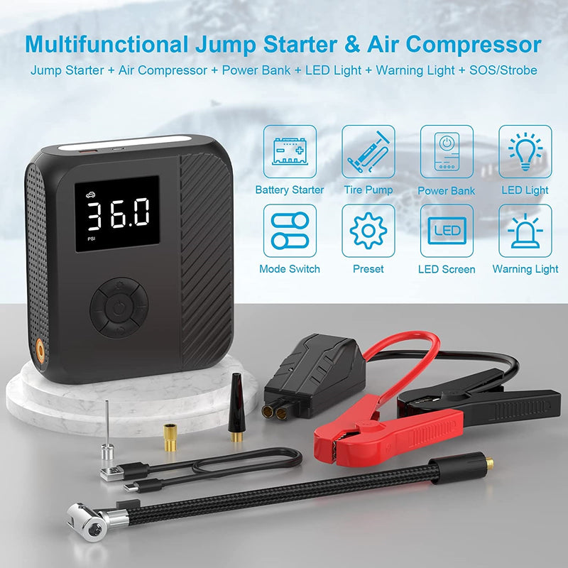 3 in 1 Jump Starter with Air Compressor and LED Light