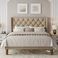 Bed Frame with Button Tufted Headboard, Platform Bed, Wooden Slats Support