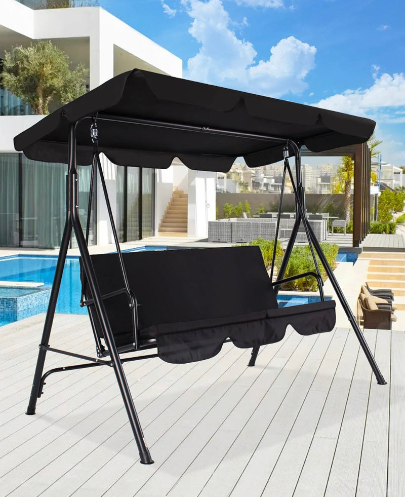 3 Seater Porch Swing Chair with Adjustable Canopy and Removable Cushion (Black)