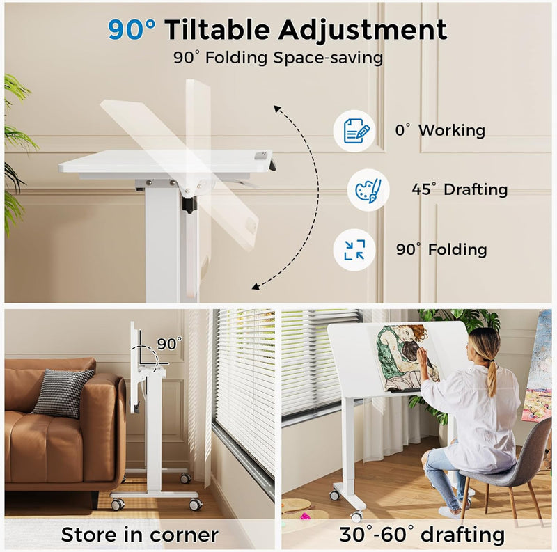 35inch Standing Desk，90° Tiltable Mobile Rising Desk Height Adjustable，Whole Piece Rolling Sit Stand Table with Wheels，Foldable Small Laptop Desk，White