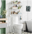 Simple Trending Over The Toilet Storage Rack, Metal 3 Tier Bathroom Organizer Shelf with Paper Holder and 3 Hooks, Freestanding Shelf Space Saver Above Toilet, White