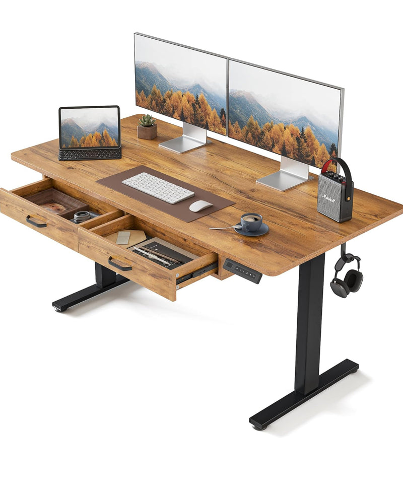 [Preorder] FEZIBO Adjustable Height Electric Standing Desk with Double Drawer, 55x 24 Inches Stand Up Home Office Desk with Splice Tabletop, Black Frame/Fir Brown Top - The Triangle