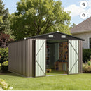 BaPiPro 10x12FT Outdoor Storage Shed with Double Hinged Large Door, Lockable Metal Shed & Sloped Roof for Garden, Patio, Backyard - Brown