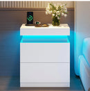 ADORNEVE White Nightstand with Charging Station and LED Lights,Night Stand with Sliding Top,Bedside Table with 2 Drawers,Modern End Side Table for Bedroom