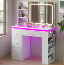 White Vanity Desk with Illuminated Mirror & Power Outlet, Bedroom Dresser LED Mirror Stepless Dimmable & 3 Color Modes Adjustable RGB Drawers, for Women Girls Bedroom（Pure White