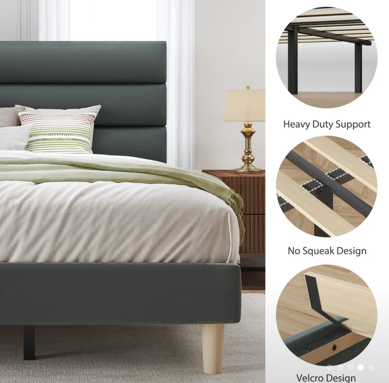 Queen Platform Bed Frame With Velvet Upholstered Headboard And Wooden Slats Support
