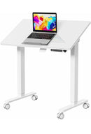 35inch Standing Desk，90° Tiltable Mobile Rising Desk Height Adjustable，Whole Piece Rolling Sit Stand Table with Wheels，Foldable Small Laptop Desk，White