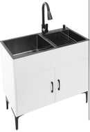 32-Inch Utility Sink Cabinet with Pull-Out Sprayer Faucet, Laundry Sink with Cabinets and Stainless Steel Double Sinks, Freestanding Cabinet with Sink for Laundry&Utility Room, Kitchen, Bathroom