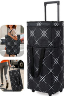 Foldable Rolling Bag, Portable Small Shopping Cart with Wheels, Collapsible Shopping Tote with Stylish Pattern for Market & Grocery Runs–Gift for Women & Seniors, Pro L, Black
