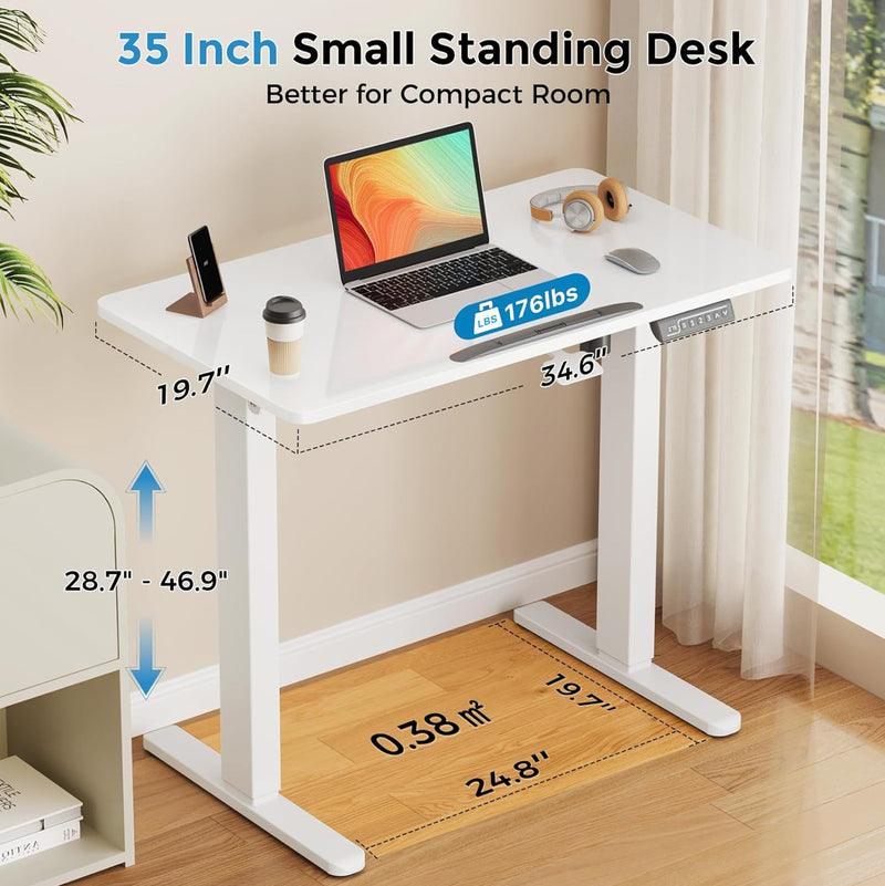 35inch Standing Desk，90° Tiltable Mobile Rising Desk Height Adjustable，Whole Piece Rolling Sit Stand Table with Wheels，Foldable Small Laptop Desk，White