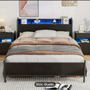 Modern Black Metal Bed Frame with Storage Headboard & LED Lights