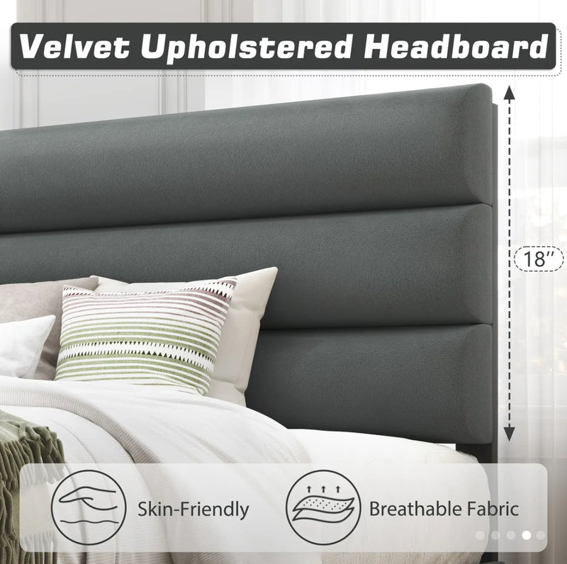 Queen Platform Bed Frame With Velvet Upholstered Headboard And Wooden Slats Support