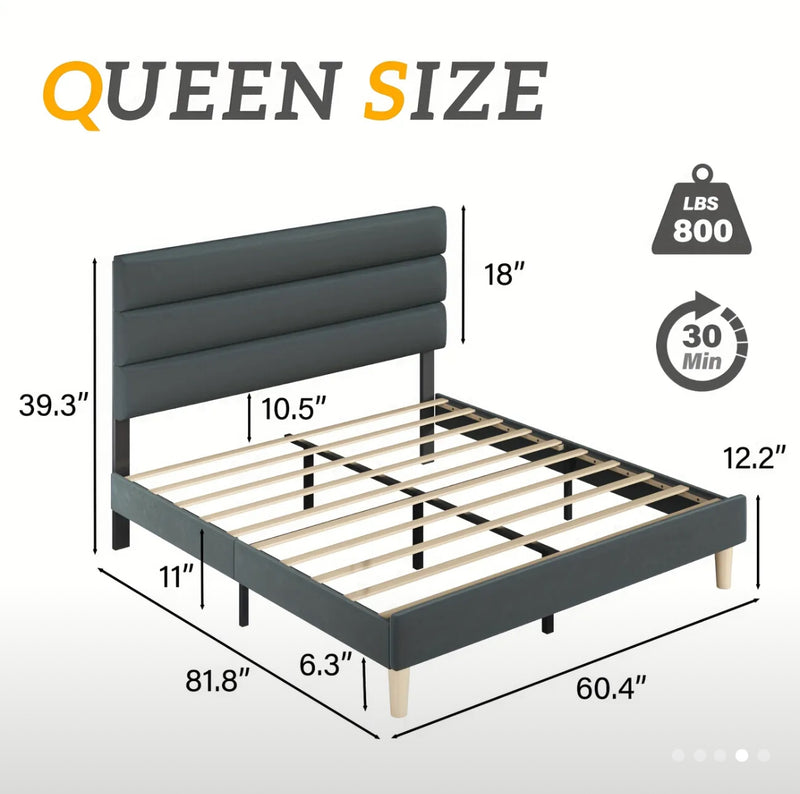 Queen Platform Bed Frame With Velvet Upholstered Headboard And Wooden Slats Support