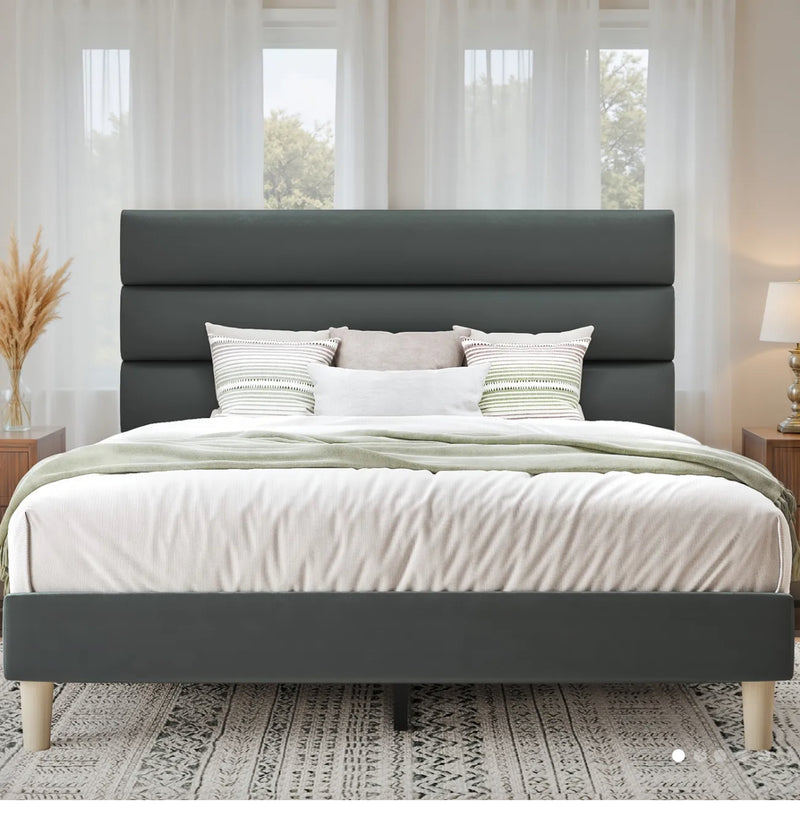 Queen Platform Bed Frame With Velvet Upholstered Headboard And Wooden Slats Support