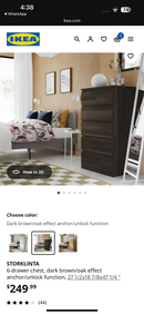 STORKLINTA
6-drawer chest, dark brown/oak effect anchor/unlock function, 27 1/2x18 7/8x47 1/4 "