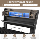 Storage compartment with hinged storage compartments and open shelves, labeled for features.