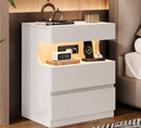 1pc Modern LED Bedside Table with Charging Station & 2 Drawers – White