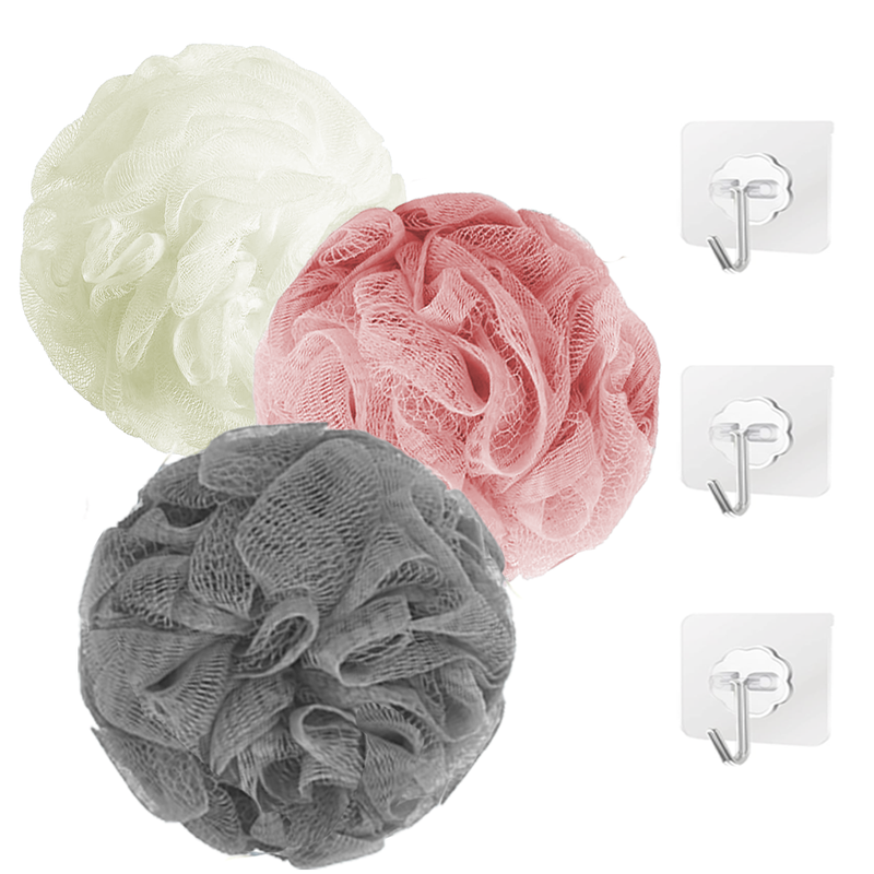 Bath Shower Pouf | 3 Bath Pouf Set with 3 Hooks - The Triangle