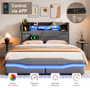 Smart bed with control panel and app interface in a bedroom setting