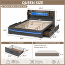 Queen size bed with dimensions and features on a beige background