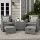 5pcs Patio Furniture Set, 2 Small Balcony Rattan Chairs with Ottoman & Glass Table
