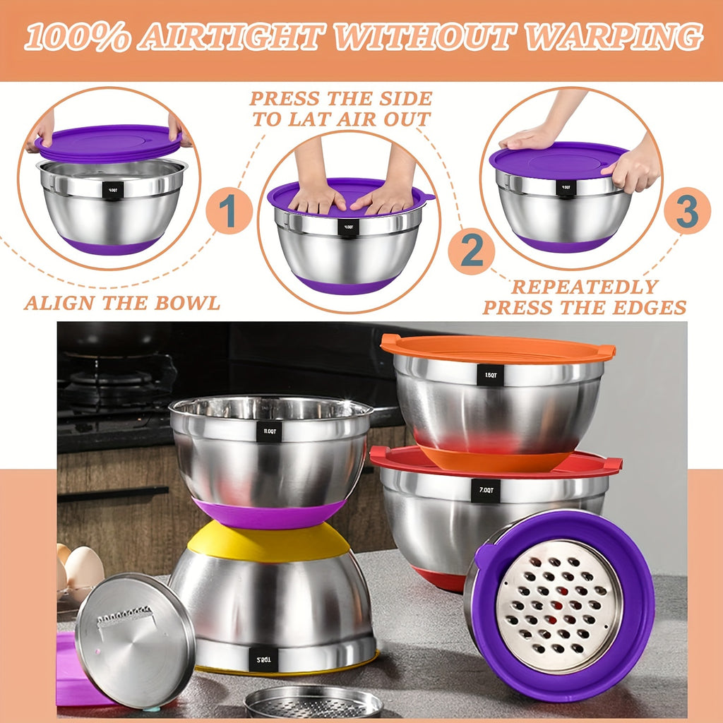 Mixing Bowls with Airtight Lids 26pcs Stainless Steel Bowls Set 3 Grater Attachments  Black NonSlip Bottoms Size 7 4 25 20 15 1QT Great for Mixing  Serving