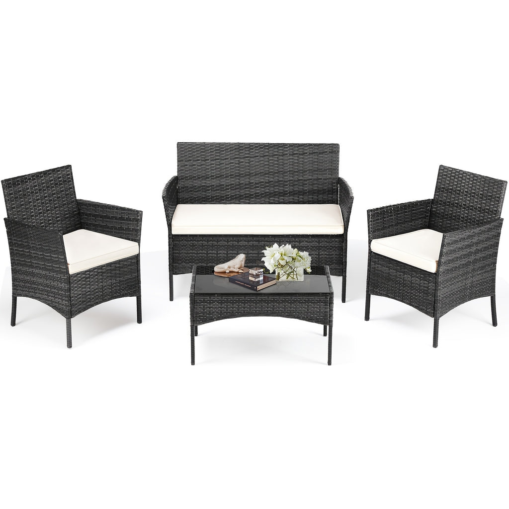 4pcs Patio Furniture Set AllWeather PE Wicker Outdoor Conversation Set with Soft Removable Cushions And Tempered Glass Coffee Table  Modern Bistro Set for Balcony Porch Garden And Small Spaces
