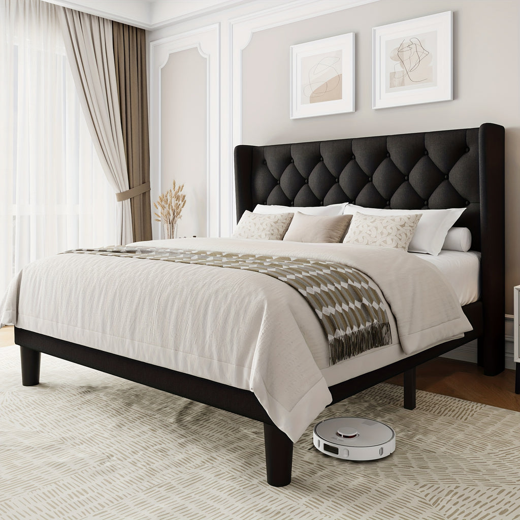 Bed Frame with Button Tufted Headboard Platform Bed with 8 Under Bed Storage Wooden Slats Support