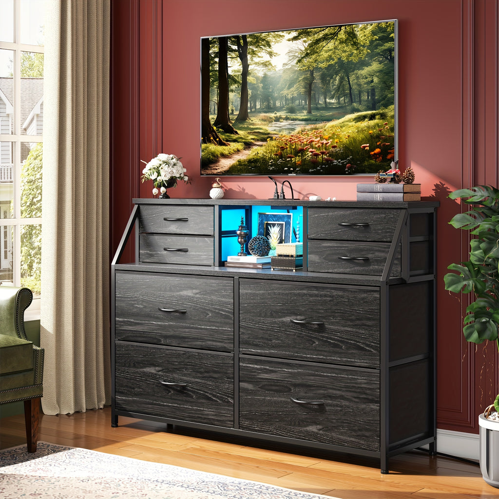 MultiFunctional Storage Cabinet with Power Board  LED Light 8Drawer Organizer with 2 Open Shelves for Kitchen Living Room Bedroom Entryway Hallway  White Rustic Brown Black Storage Drawer Units