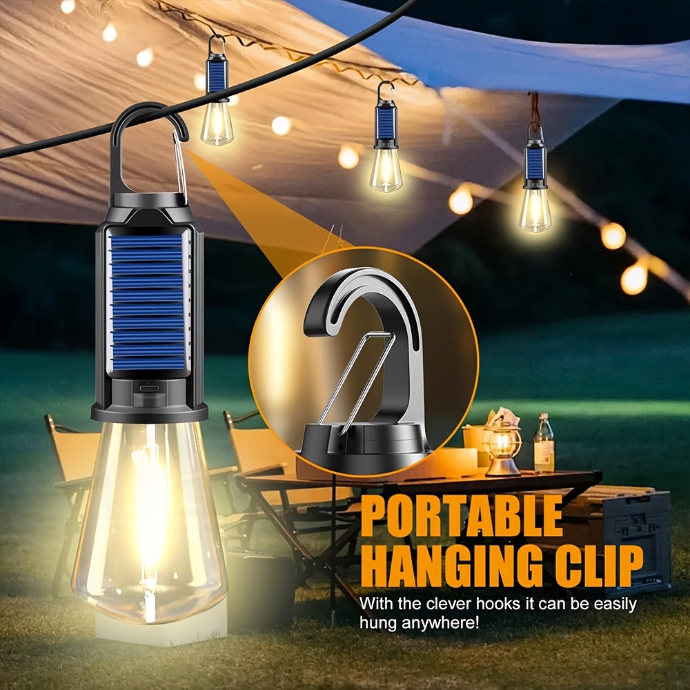 Portable Outdoor Hanging Camping Lanterns Solar Charging And USB Light Bulbs Clip Hook Tent Lamp with 3 Modes for Camping Hiking Power Failure Hurricane Fishing Emergency Flashlight