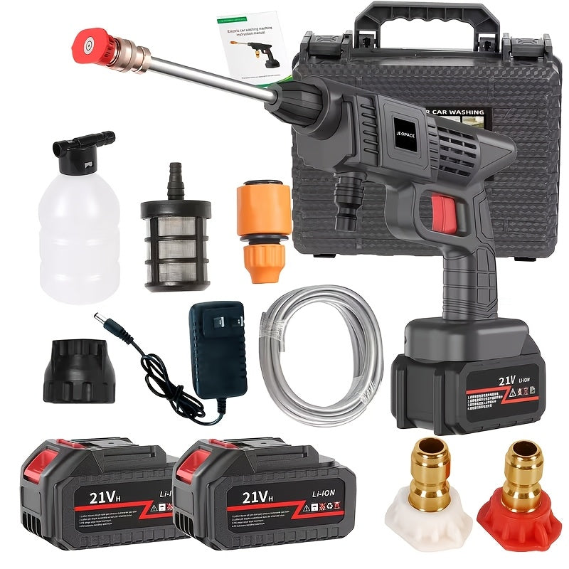 Wireless Highpressure Cleaner with Rechargeable Battery Available in 1battery or 2battery Options Batterypowered Suitable for Cars Yards Driveways and Gardens Features a Green Stainless Steel Foam Nozzle Portable Electric Car Wash Tool