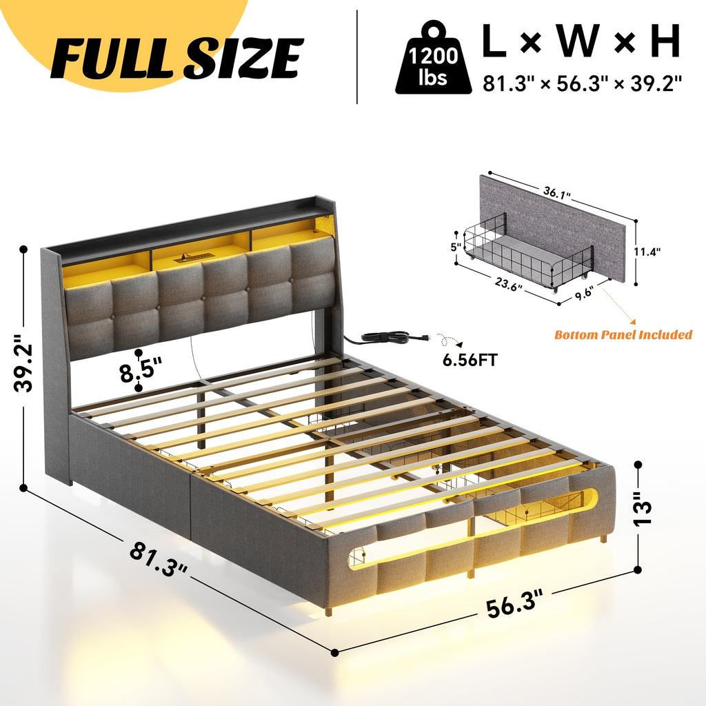 Upholstered FullQueenTwin Bed Frame with Drawers Charging Station LED Light Upholstered Bed Frame with Storage Headboard Heavy Duty Wood Slats No Box Spring Needed Noise Free Grey