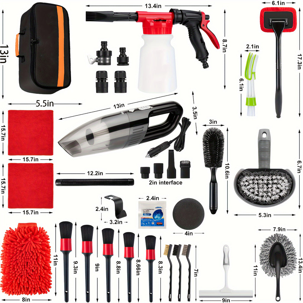 Complete Car Cleaning Set Featuring a Foam Gun Sprayer Detailing Brushes a Vacuum a Windshield Cleaning Tool a Tire Brush And Towels for Thorough Interior And Exterior Detailing Without Battery