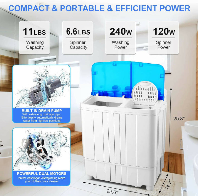 Nictemaw Portable Twin Tub Compact Laundry Machine with Built-in Drain Pump
