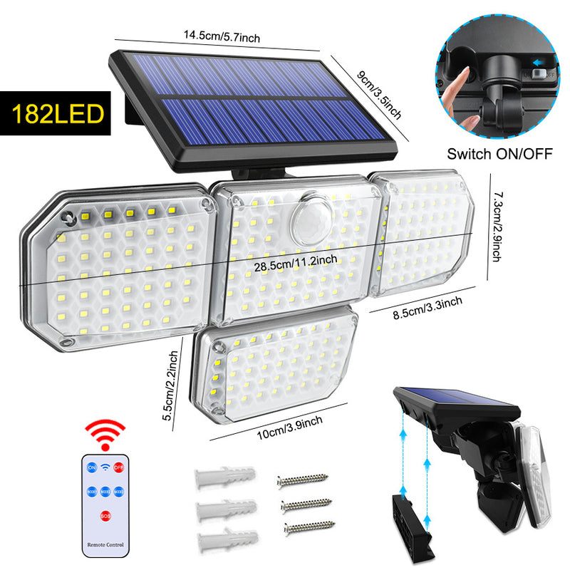 IP65 Waterproof 182 LED with Motion Sensor and Remote Control 4 Heads Outdoor LED Solar Light